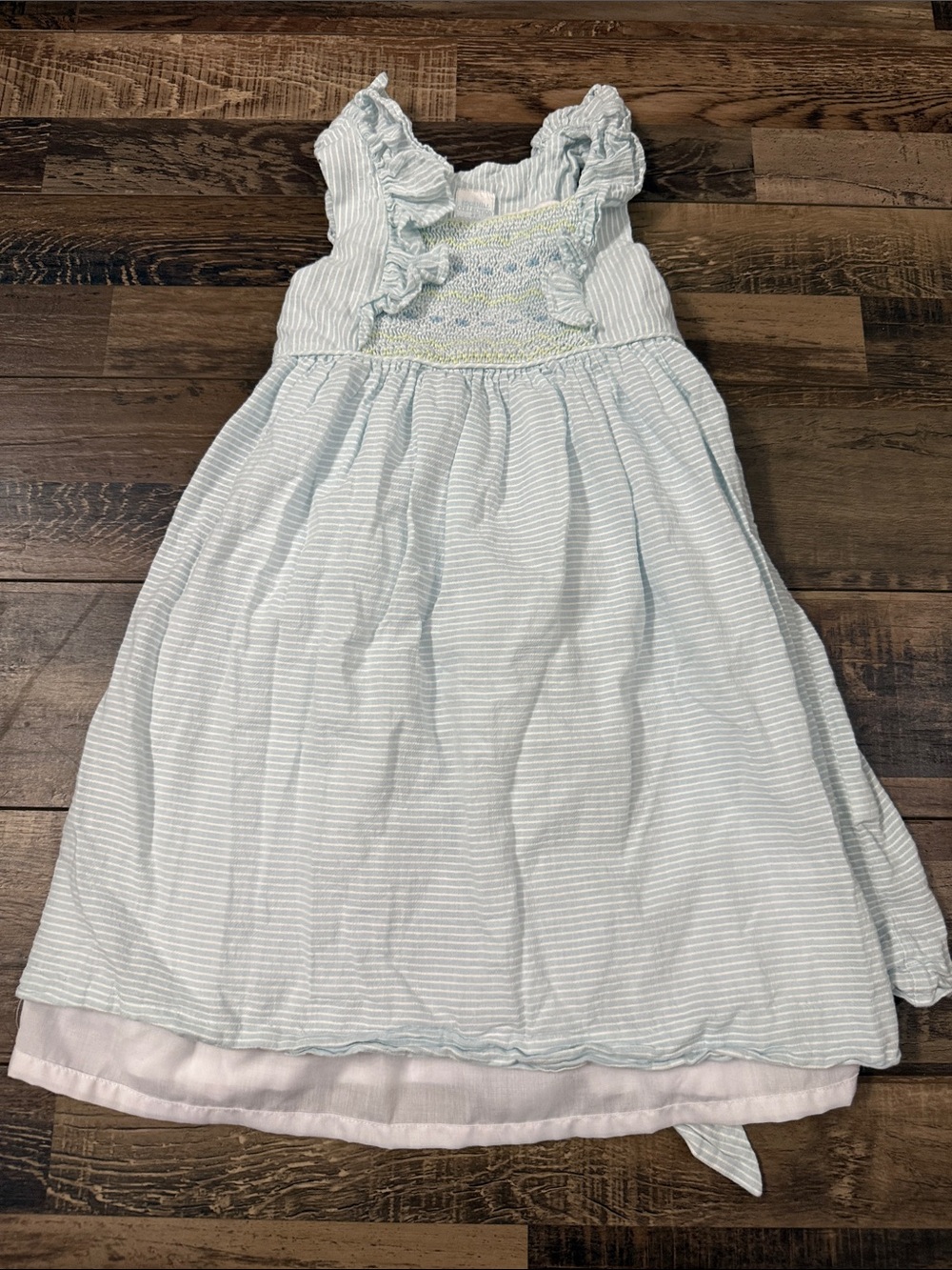 Edgehill Collection Pale Blue Striped Sundress with Ruffle Shoulders